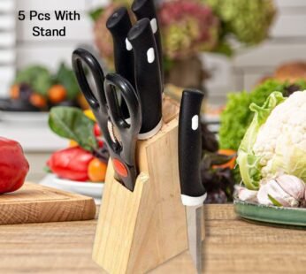Kitchen Knife Set with Wooden Block and Scissors (5 pcs, Black)