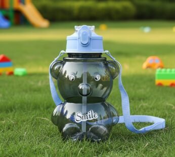 Kids Cartoon Bear Water Bottle with Straw & Shoulder Strap (1 Pc)